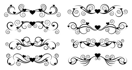 Obraz premium Set of decorative borders. Dividers for calligraphy graphic design, postcard, menu, wedding invitation, romantic style. Black elements on white background. Vector illustration.