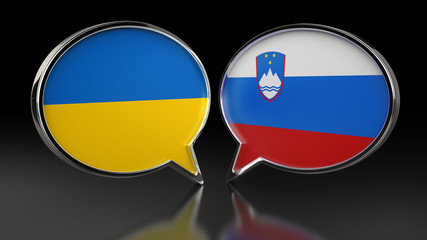 Ukraine and Slovenia flags with Speech Bubbles. 3D illustration