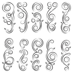 Calligraphic black and elegant swirl dividers collection. Set of curls and scrolls for wall and page decoration, greeting cards and tattoos. Vector calligraphic design border elements illustration.