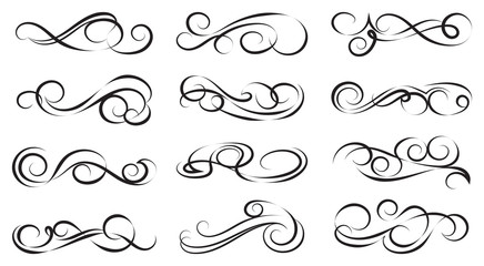 Black and elegant swirls collection. Set of curls and scrolls for wall decoration and tattoos. Vector illustration.