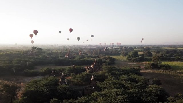 Aerial: Hot Air Balloons Over Temples of Old Bagan
