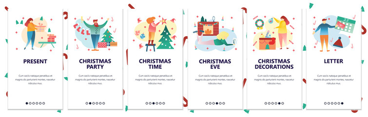 Web site onboarding screens. Merry Christmas and new year celebration. Winter holiday decoration. Menu vector banner template for website and mobile app development. Modern design flat illustration.