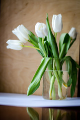 bouquet of tulips in vase on white background