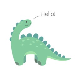Hello! Cute cartoon dinosaur. Vector illustration.