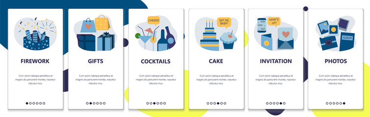 Web site onboarding screens. Holiday celebration and birthday party. Fireworks, cake, gifts and drinks. Menu vector banner template for website and mobile app development. Design flat illustration.