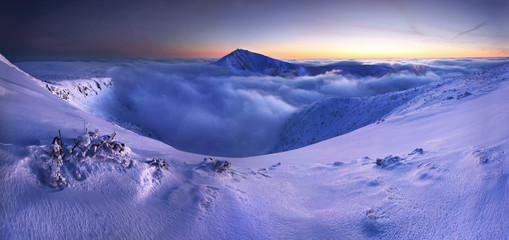 Sunrise view of Pec pod Snezkou in the Krkonose Mountains in winter. Czech Republic. Morning...