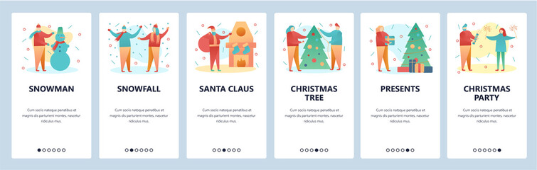 Web site onboarding screens. Christmas and new year party. Snowman, santa claus and christmas tree. Menu vector banner template for website and mobile app development. Modern design flat illustration.