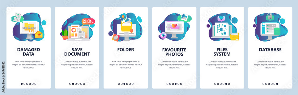 Poster Web site onboarding screens. Computer files and data system. Menu vector banner template for website and mobile app development. Modern design flat illustration.