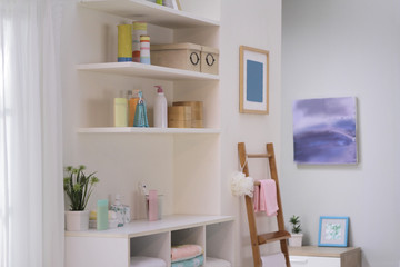 bottles on the shelf and on the sideboard