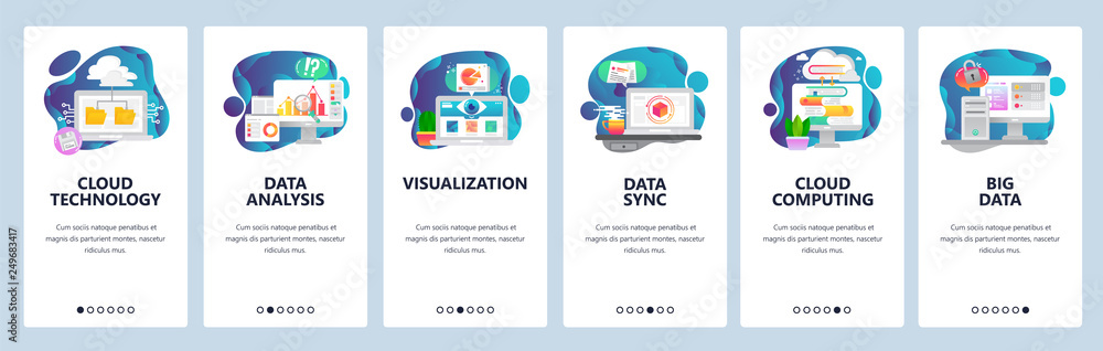 Poster web site onboarding screens. new technologies, cloud storage, big data analysis, cloud computing. me