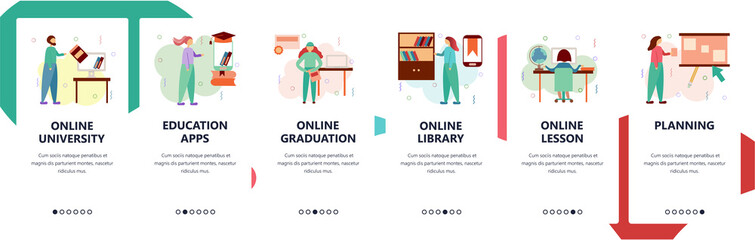 Web site onboarding screens. Online education and digital library. Studying at home. Menu vector banner template for website and mobile app development. Modern design flat illustration.