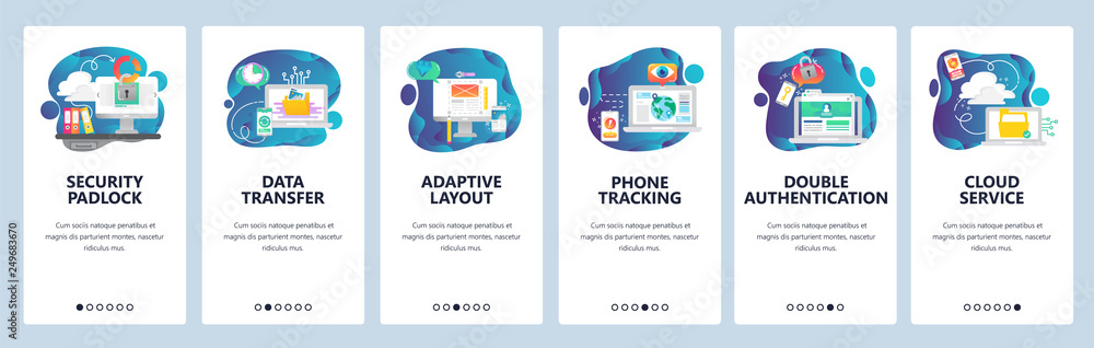 Poster web site onboarding screens. computer security, cloud service and secure data sync. menu vector bann