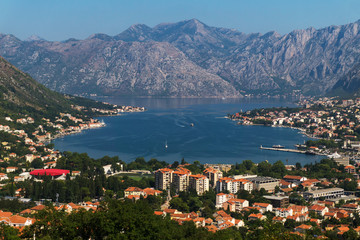 Panorama of mountains and Kotor Bay, largest bay of the Adriatic Sea, Montenegro