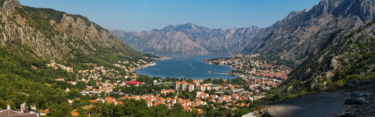 Obraz premium Panorama of mountains and Kotor Bay, largest bay of the Adriatic Sea from Lovcen mountain, Montenegro
