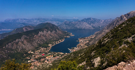 Fototapeta na wymiar Panorama of mountains and Kotor Bay, largest bay of the Adriatic Sea from Lovcen mountain, Montenegro