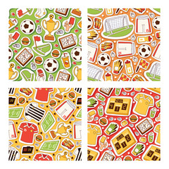Soccer vector seamless pattern soccerball football pitch sticher and sportswear of footballer or soccerplayer illustration backdrop set of footballing clothes trophy cup background