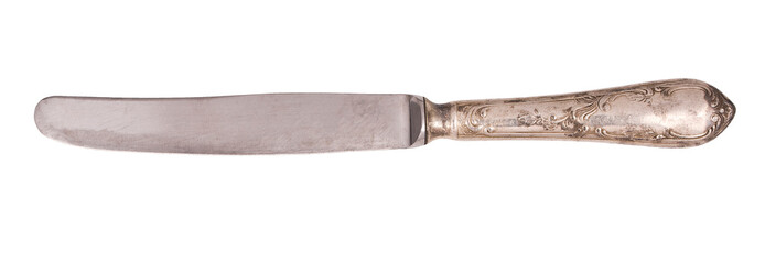 Top view of beautiful vintage silver knife isolated on white background