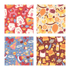 Naklejka premium Baby shop seamless pattern vector cartoon kids clothing toys and newborn garment child clothes bodysuit apparel for children advertising banner set backdrop illustration background