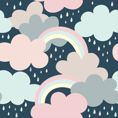 Seamless pattern with clouds, rainbow and drops