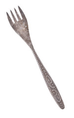 Top view of old silver fork isolated on white. Vintage