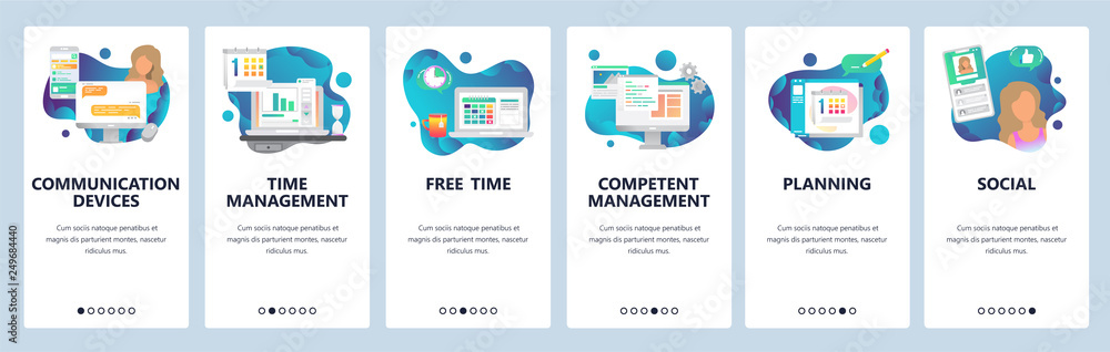 Poster web site onboarding screens. online chat, dating, social media and time management. menu vector bann