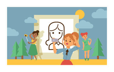 Selfie girl vector beautiful woman character photographing herself on smartphone camera illustration backdrop of fashion female girlie person holding mobile phone for photo background