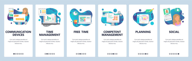 Web site onboarding screens. Online chat, dating, social media and time management. Menu vector banner template for website and mobile app development. Modern design flat illustration.