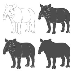 Fototapeta premium Set of black and white illustrations of tapir. Isolated vector objects on white background.