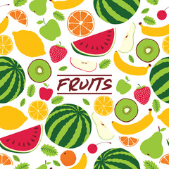 Fruit pattern seamless vector fruity background and fruitful exotic wallpaper with fresh slices of watermelon orange apples and tropical fruits illustration backdrop