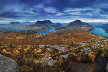 The inverpolly nature reserve in northern Scotland. Autumn panorama, Highlands. Loch Lurgainn and Stac Pollaidh mountain in the far northwest of Scotland. UK Beautiful landscape background concept