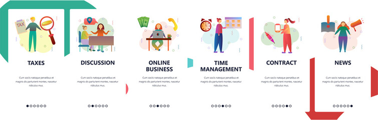 Web site onboarding screens. Time management, online business and taxes. Menu vector banner template for website and mobile app development. Modern design flat illustration.