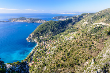 Fototapeta na wymiar Beautiful aerial view of the coastline with blue water, Eze town, Cote d'azur, France
