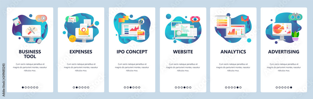 Sticker web site onboarding screens. financial report, business tools, analytics. menu vector banner templat