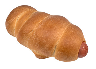 Sausage boiled in hot dog dough bread isolated on white background