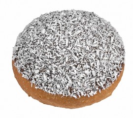 Cake sprinkled with coconut flakes donut isolated on white background
