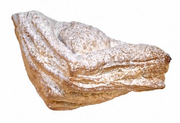 Triangular cake with powdered sugar whole wheat bread isolated on white background