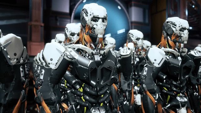 The camera flies past a detachment of robot soldiers on a spaceship. Super realistic cinematic sci-fi animation.