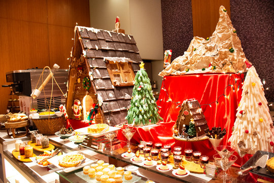 Sweet dessert snack and Cakes line in food buffet service for people eat at restaurant of Hotel in Bangkok, Thailand