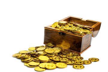 Stacking Gold Coin in treasure chest  on white background