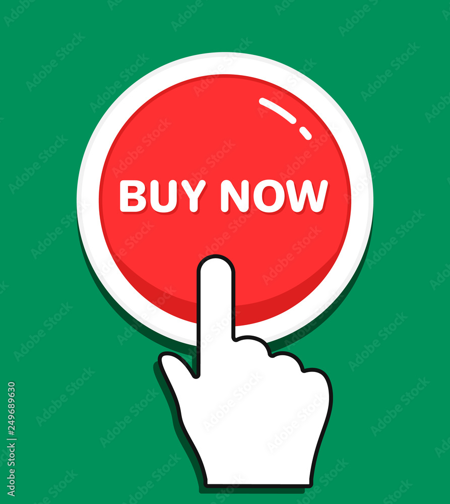 Poster hand mouse cursor clicks the round buy now button. hand icon pointer. illustration for graphic and w