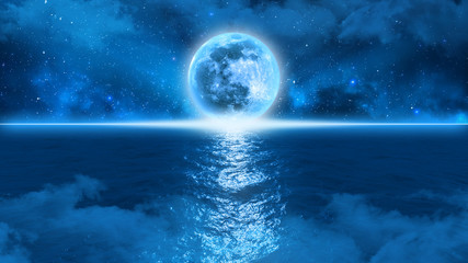 the mysterious blue moon touches the horizon at the edge of the ocean against a starry sky in the fog, 3d illustration