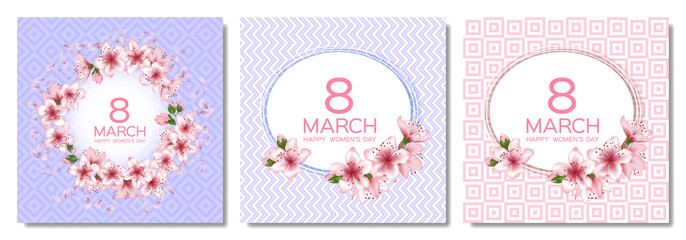 Fototapeta na wymiar 8 March Happy Women's Day vector cards set.