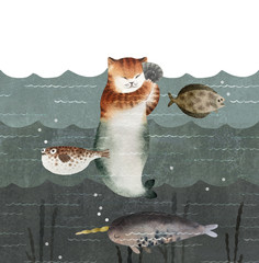 Watercolor cat mermaid and sea