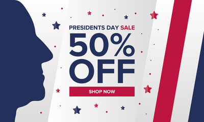 Happy Presidents day in United States. Washington's Birthday. Shopping sale banner, poster or background. 50% off banner. Traditional federal holiday in America. Celebrated in February