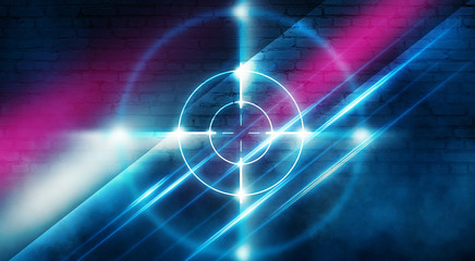 Neon target on a brick wall background with laser lights and rays of light, futuristic abstract...
