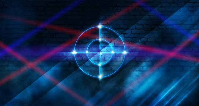 Neon target on a brick wall background with laser lights and rays of light, futuristic abstract background. © Laura Сrazy