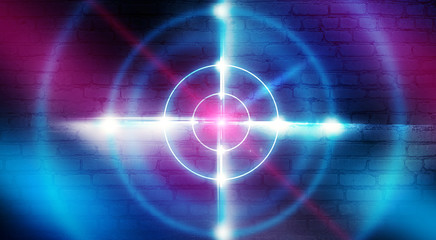 Neon target on a brick wall background with laser lights and rays of light, futuristic abstract background.