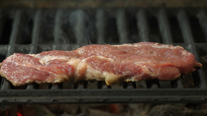Semislotte steak lies on the grill, in the background smoke from the grill, view of the video with the side close-up, macro