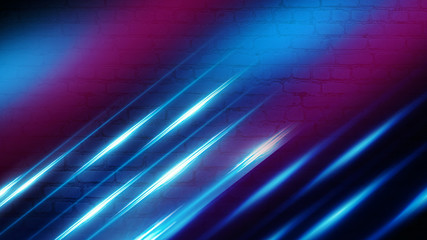 Brick wall background, neon light, blue and purple rays. Futuristic Abstract Background