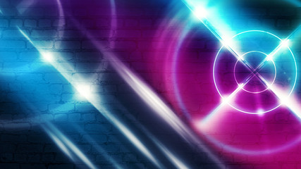 Neon target on a brick wall background with laser lights and rays of light, futuristic abstract background.
